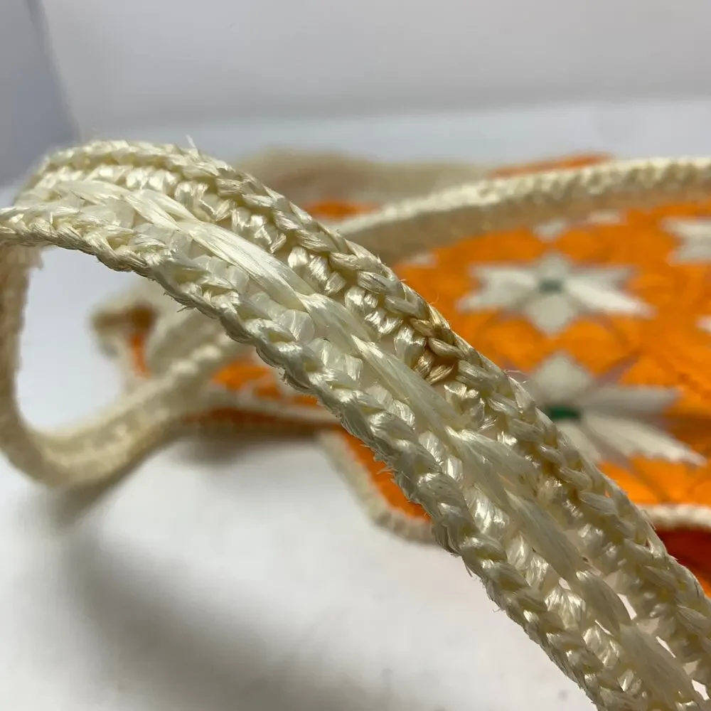 Vintage 70s Handmade Raffia Straw Floral Tote Bag Orange White Boho Beach Purse